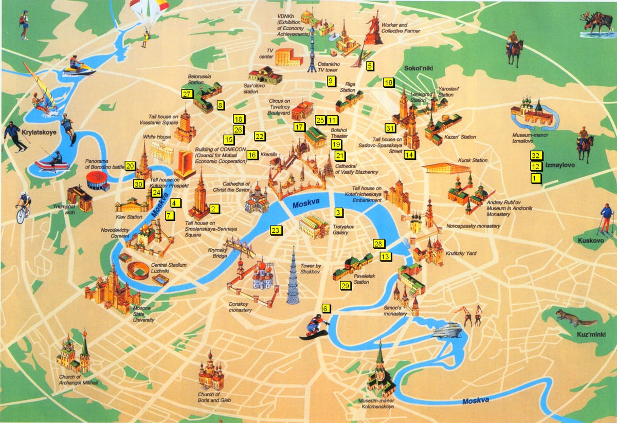 Mapa turystyczna Moskwy z atrakcjami, muzeami, miejscami, zabytkami i charakterystycznymi budowlami