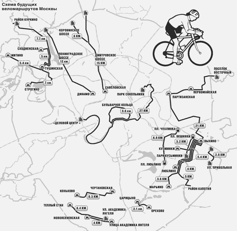 Mapa tras, ścieżek i pasów rowerowych Moskwy